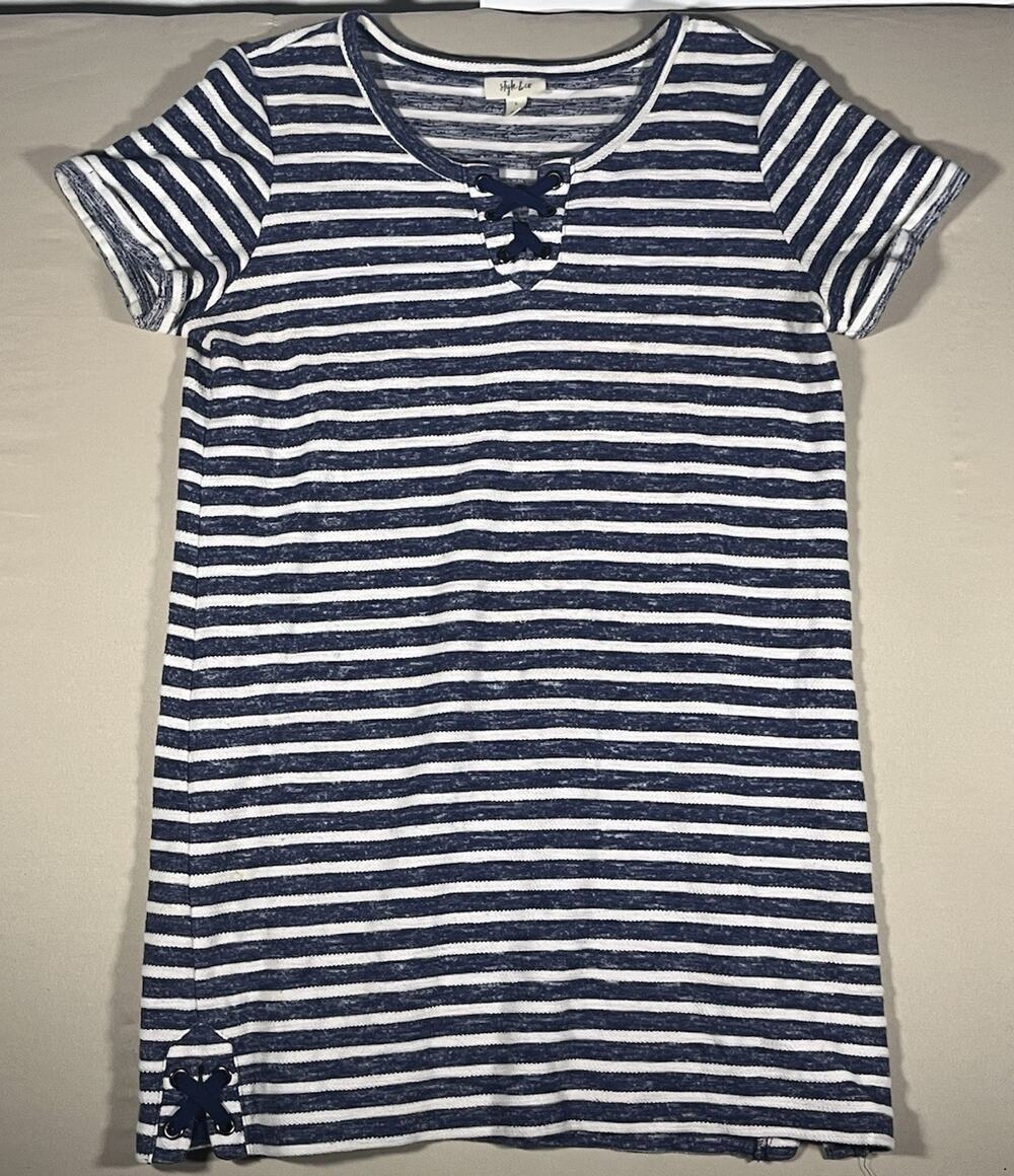 Style & Co. Blue/White Striped T-Shirt Dress, Round Neck, Knee Length, L
